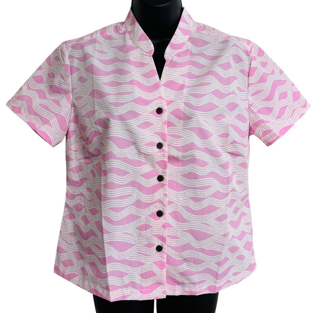Avanti Hawaiian Shirt Women Medium Pink White Wave Button Short Sleeve NWOT New